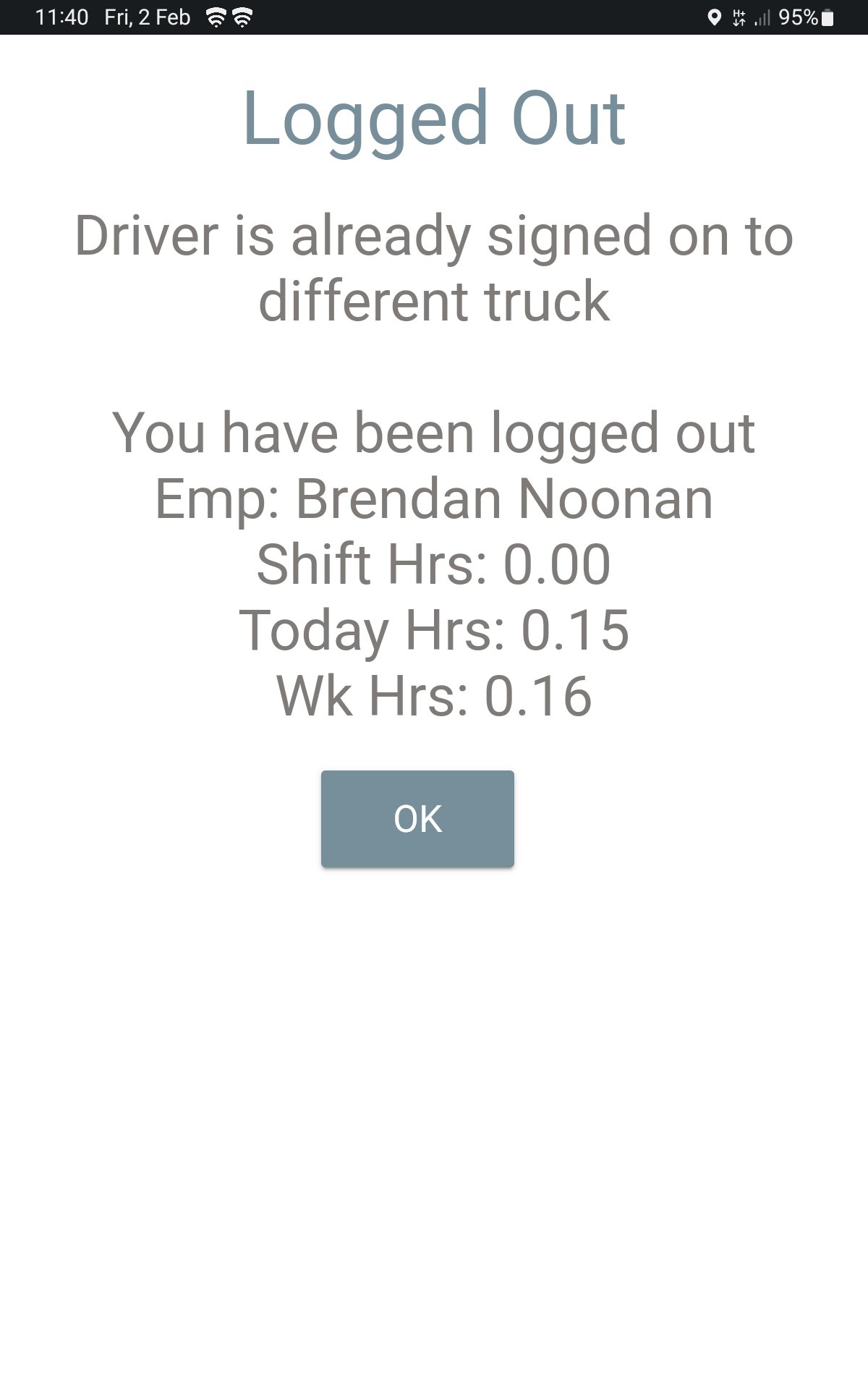 Error Driver is Already Signed on to different Truck Screen Capture