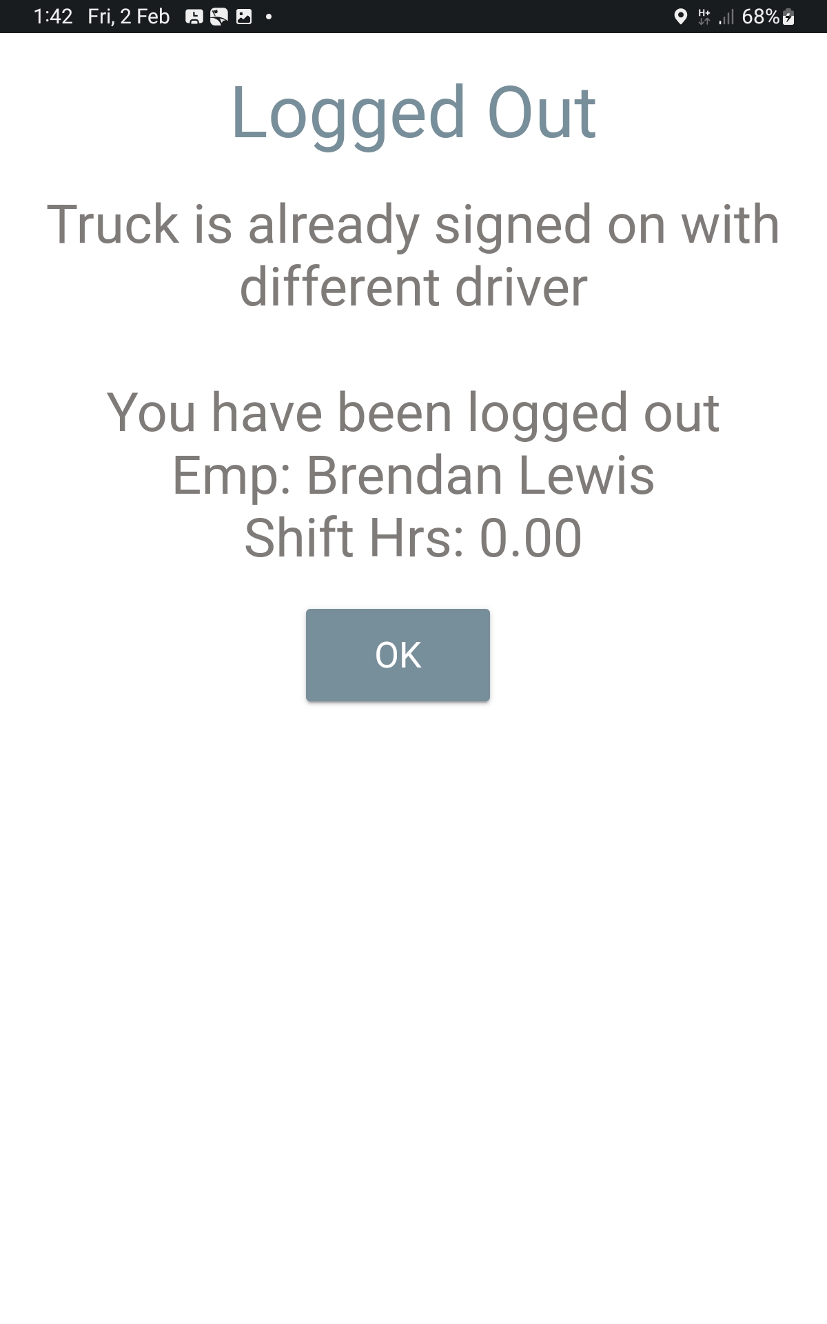 Error Truck is already Signed on with different Driver Screen Capture