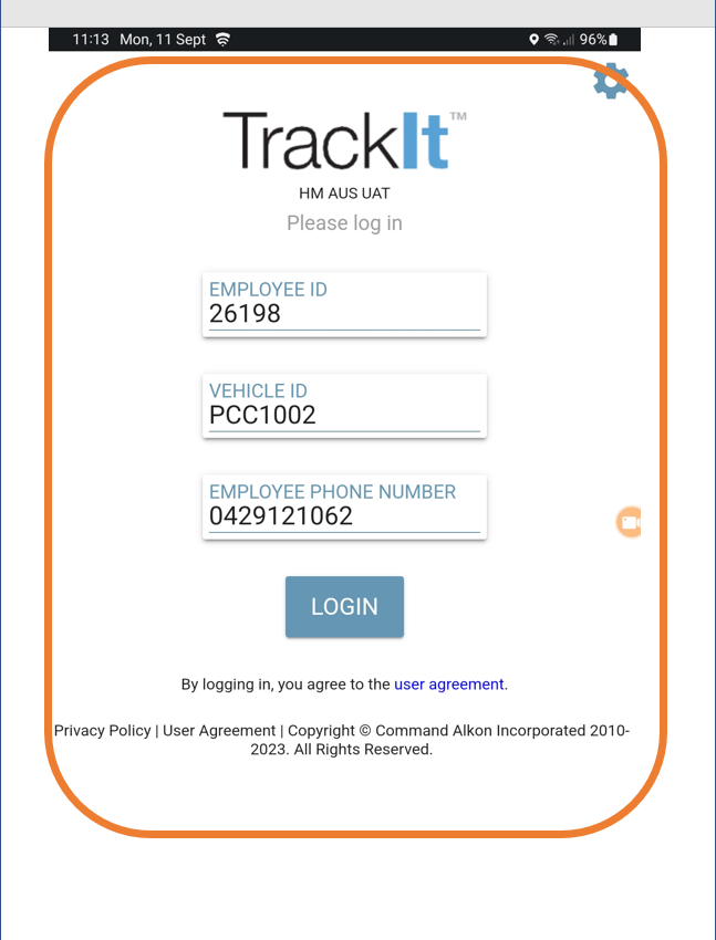 TrackIt Login Screen